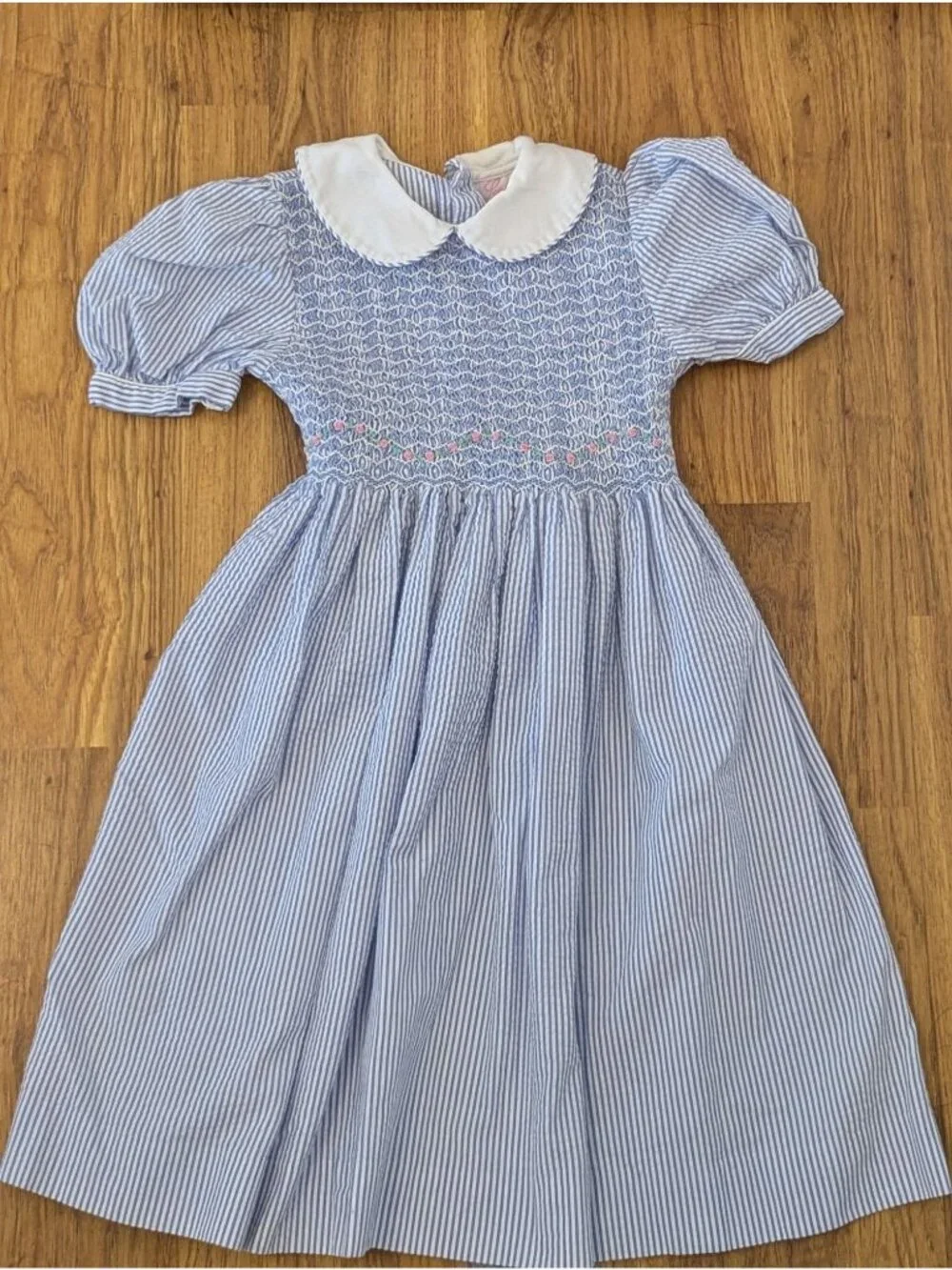 Vintage Sophie Dess Blue & White Striped Smocked Dress With Peter Pan Collar & P